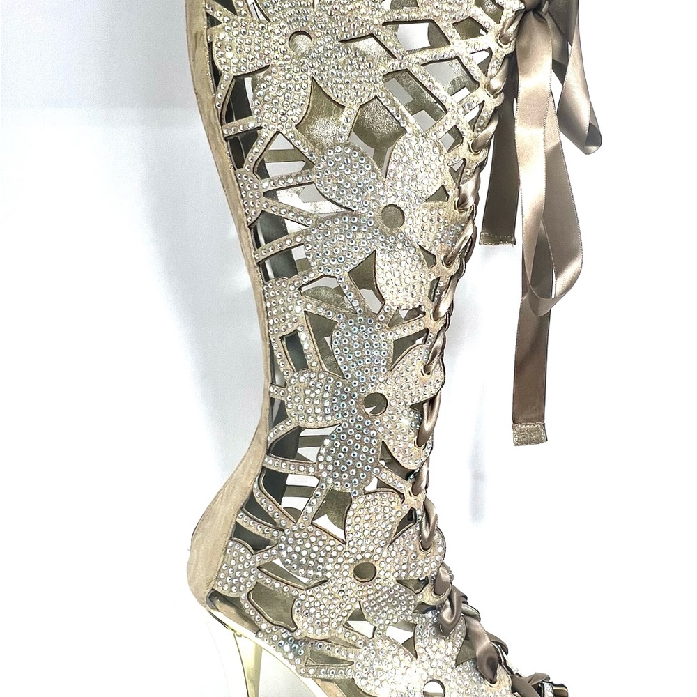 Dressy gold High Heel With Rhinestone Fantastic Boot New In Box size 10